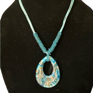 Colorful Turquoise Blue & Gold Swirl Glass and Beaded Pendant Necklace -NEW